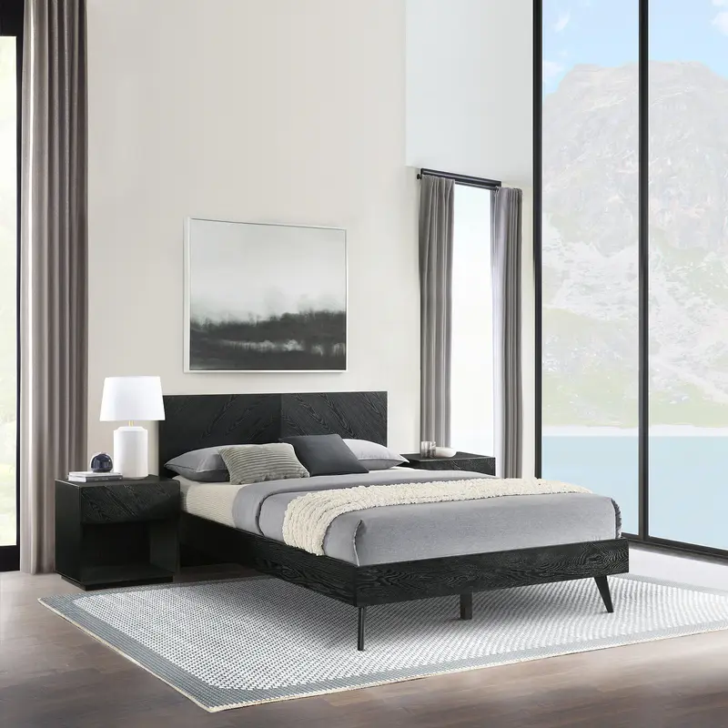 Petra Queen 3 Piece Wood Bedroom Set in Black Finish By Armen Living