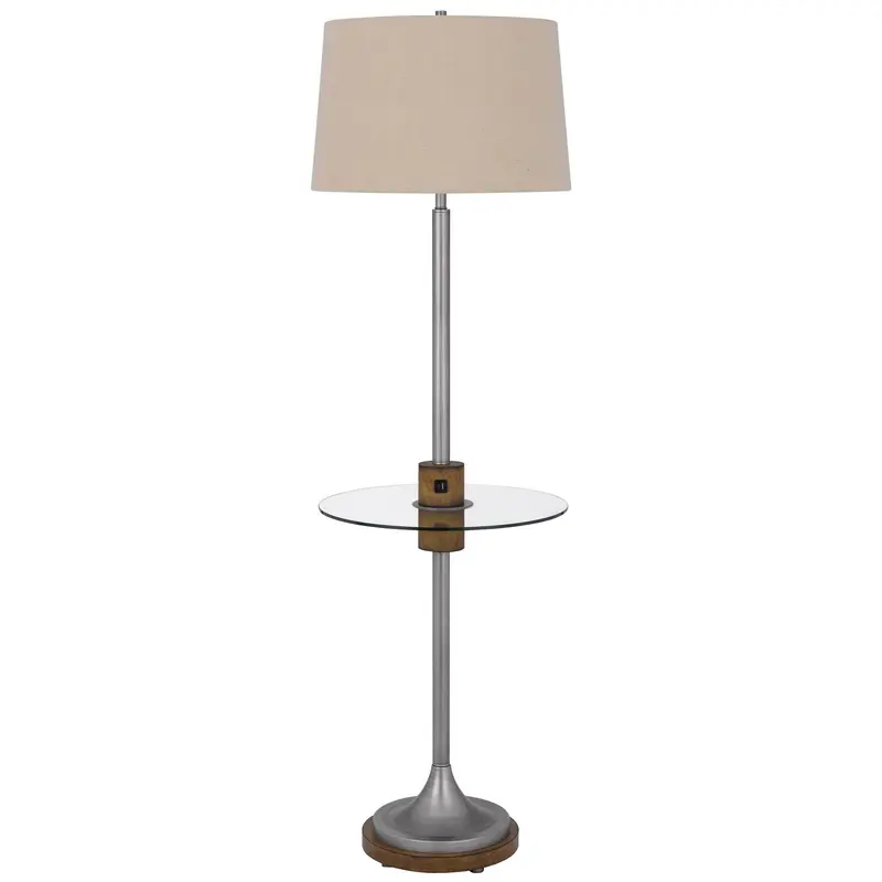 Pewter Tray Table Floor Lamp With Beige Transparent Glass Square Shade By Homeroots