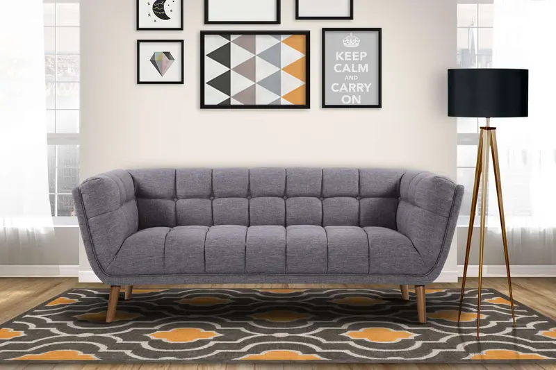 Phantom Mid-Century Modern Sofa in Dark Gray Linen and Walnut Legs By Armen Living
