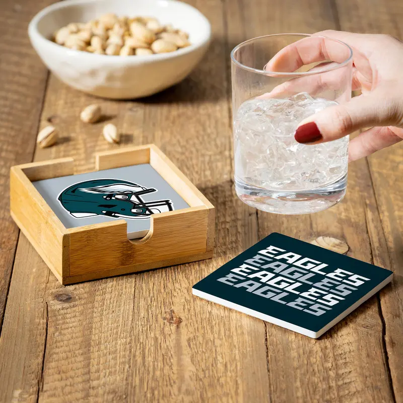 Philadelphia Eagles Ceramic Coasters Set, 4pcs with Wood Caddy