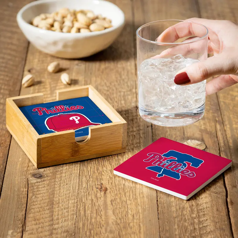 Philadelphia Phillies Ceramic Coasters Set, 4pcs with Wood Caddy