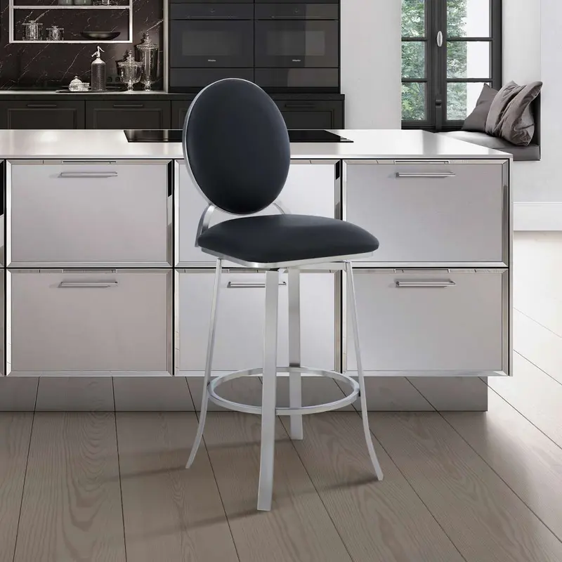 Pia Contemporary 30" Bar Height Barstool in Brushed Stainless Steel Finish and Black Faux Leather By Armen Living