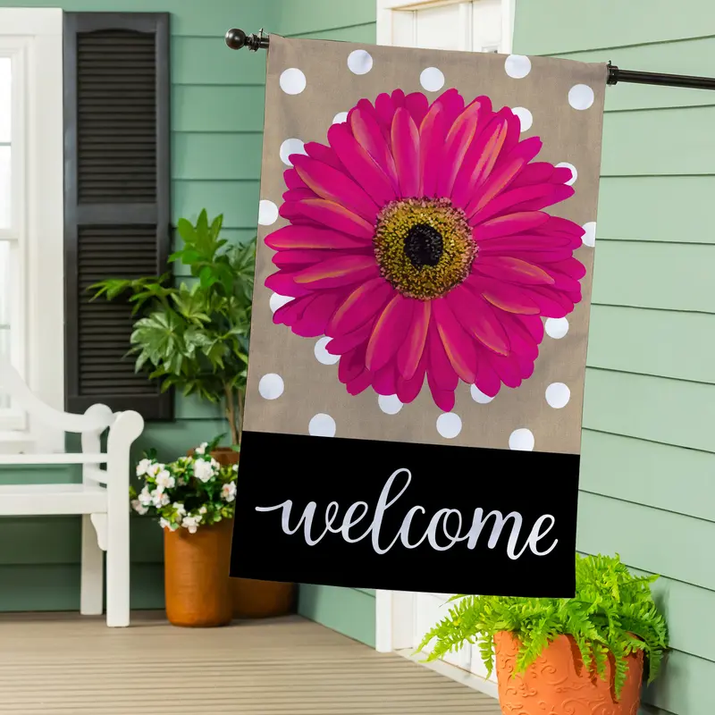 Pink Gerbera Dots Burlap House Flag