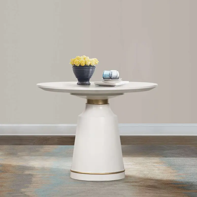 Pinni White Concrete Round Dining Table with Bronze Painted Accent By Armen Living