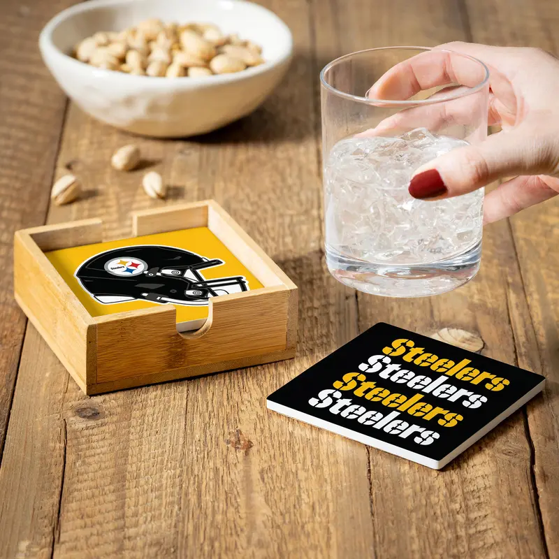 Pittsburgh Steelers Ceramic Coasters Set, 4pcs with Wood Caddy