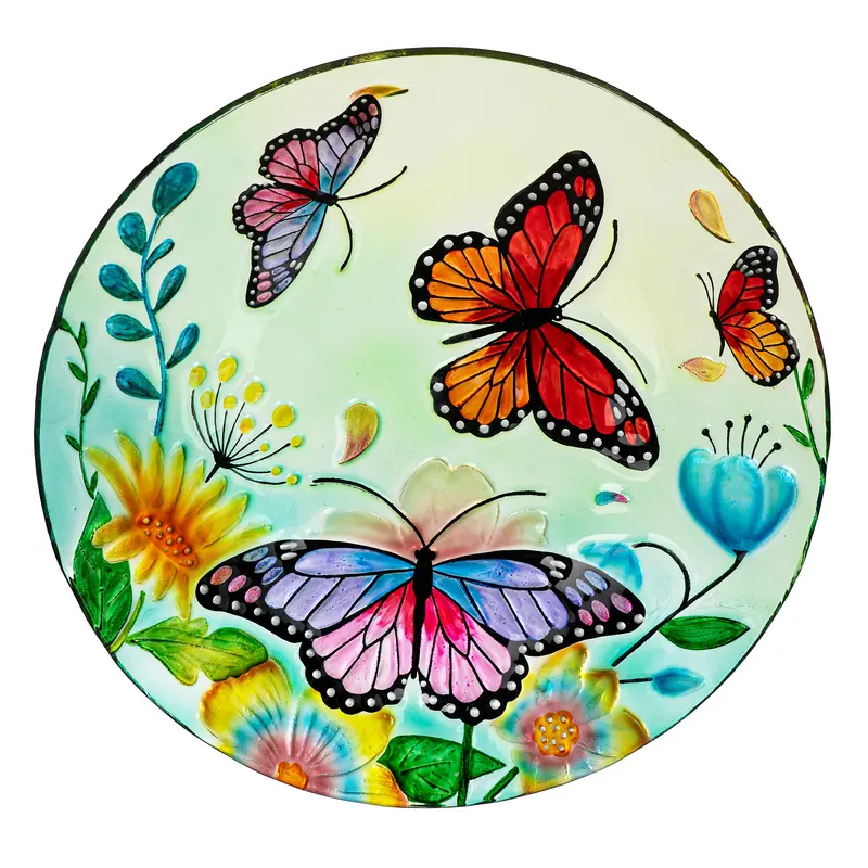 Pollinator Garden Birdbath, Glass Butterfly Family, 18"