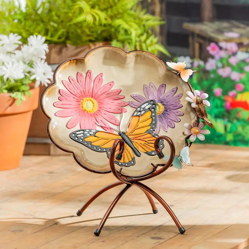Pollinator Garden Birdbath, Metal Bright Butterfly & Flowers, 17"