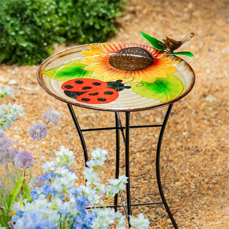 Pollinator Garden Birdbath, Metal Ladybug & Sunflower, 17"