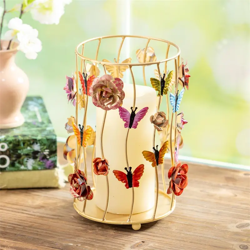 Pollinator Garden Candleholder Metal Hurricane Pillar Butterfly Cage, 8.75"H