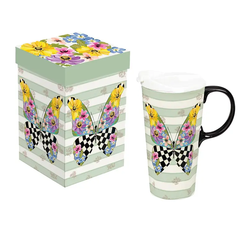 Pollinator Garden Ceramic Perfect Cup, Check Butterfly, 17oz, Gift Box