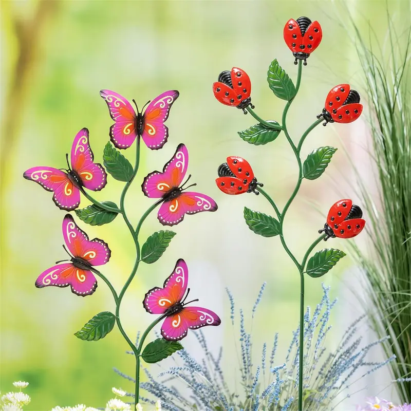 Pollinator Garden Metal Ladybug/Butterfly Garden Stake 47"H, 2 Assorted