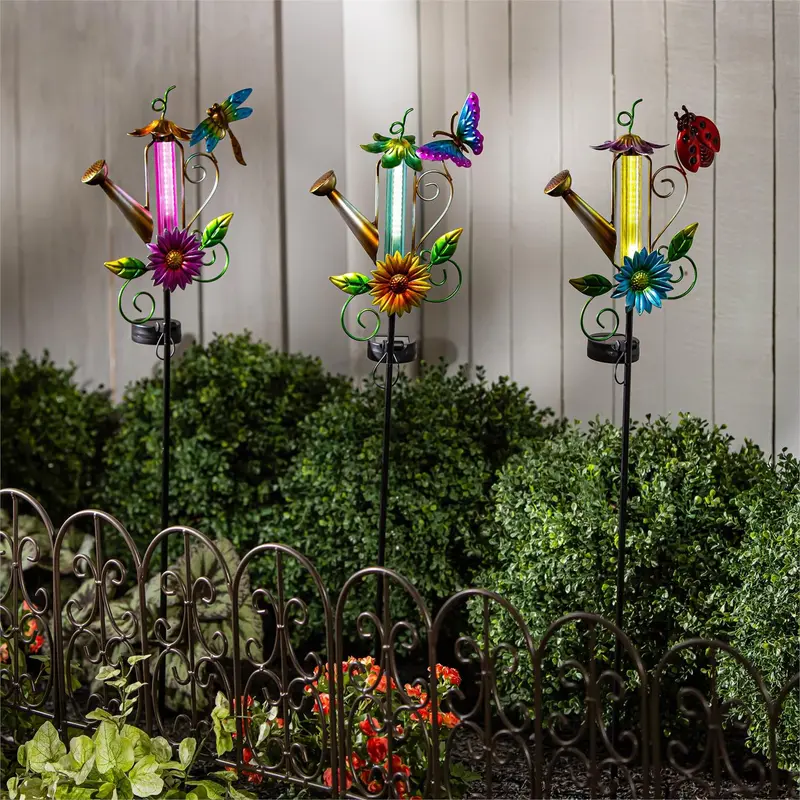 Pollinator Garden Metal Solar Chasing Light Watering Can Stake, 3 Assorted, 12PCS CDU