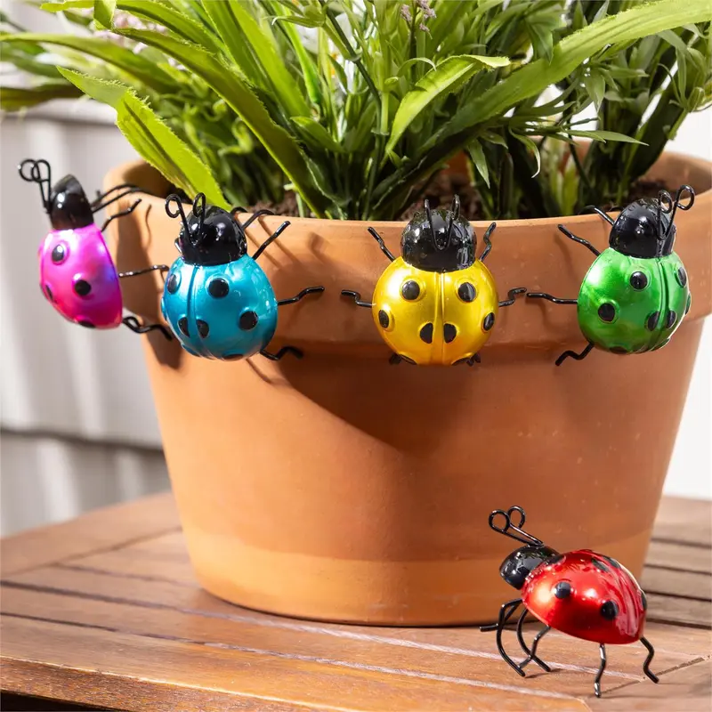 Pollinator Garden Plant Support & Accessories, Metal, Ladybug Pot Hugger, 3", Asst of 5, CDU