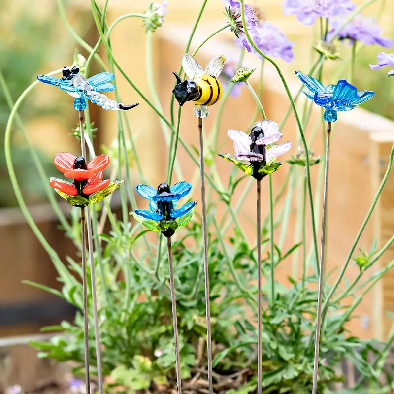 Pollinator Garden Stake, Glass Insect Plant Pick, Asst of 6