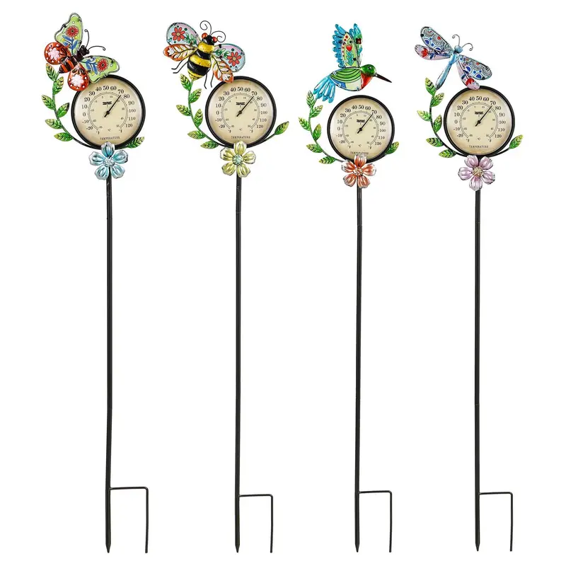 Pollinator Garden Stake, Thermometer Garden Stake, Folk Art Pollinators, In CDU