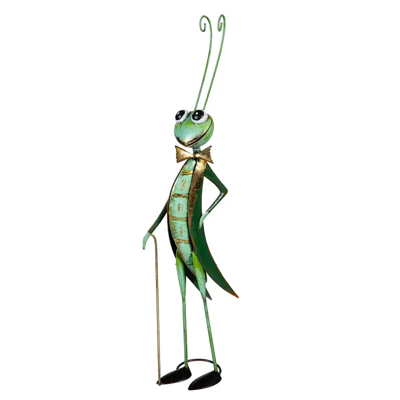 Pollinator Garden Statue, Metal Joyful Cricket With Cane, 27"H