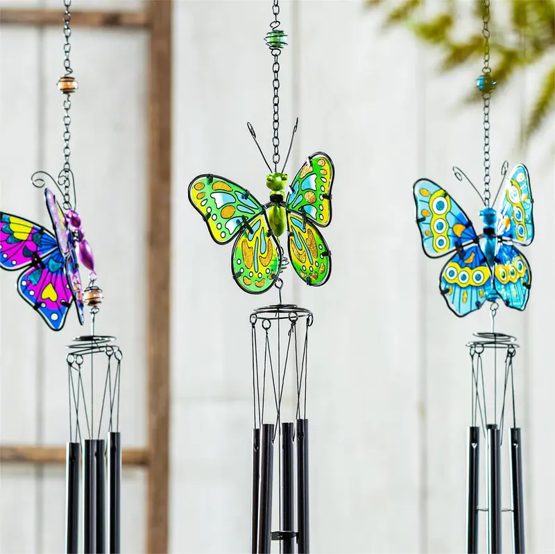 Pollinator Garden Wind Chime, Metal & Glass, Butterfly with Glass Dangle, 8.5", Asst of 3