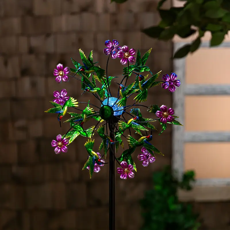 Pollinator Garden Wind Spinner, Solar Metal Green Hummingbird & Flowers, 74"H