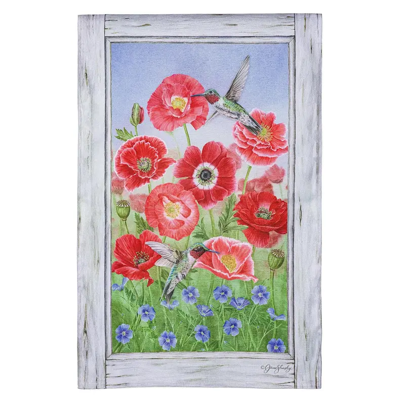 Poppy's and Hummingbirds Burlap House Flag