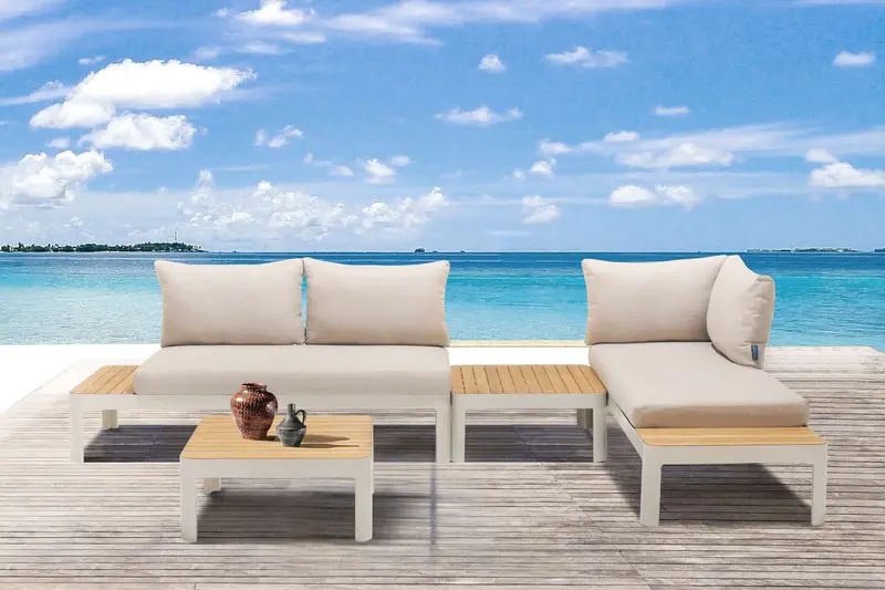 Portals Outdoor 4 Piece Sofa set in Matte Sand Finish with Natural Teak Wood By Armen Living
