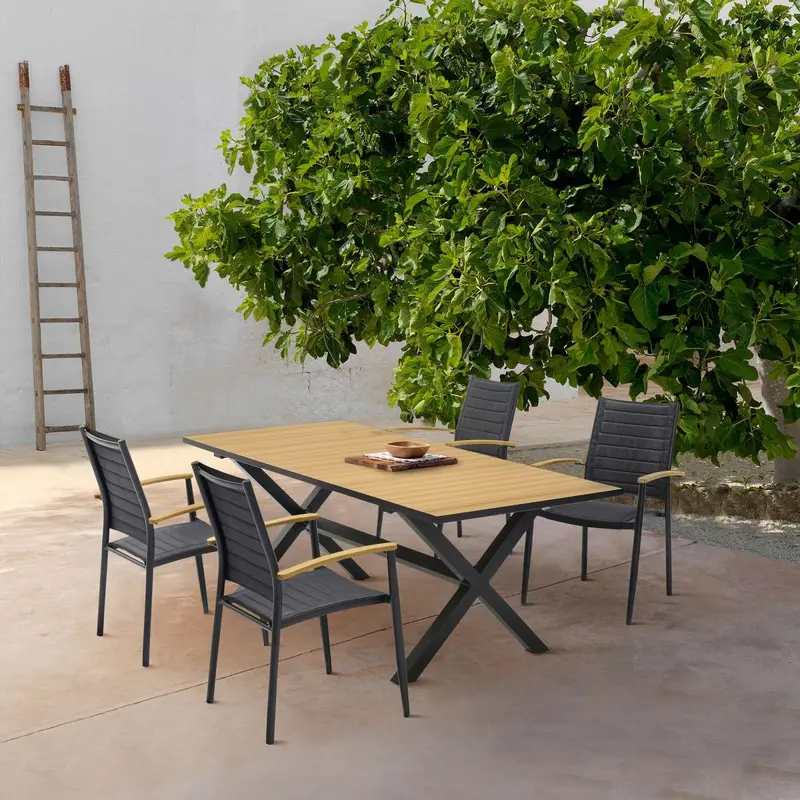 Portals Outdoor 5 Piece Black Aluminum & Teak Wood Dining Set By Armen Living