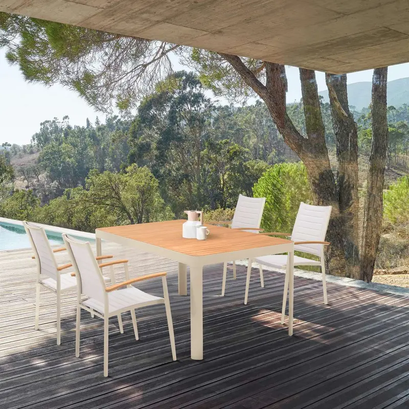 Portals Outdoor 5 Piece Coral Sand Aluminum & Teak Wood Dining Set By Armen Living