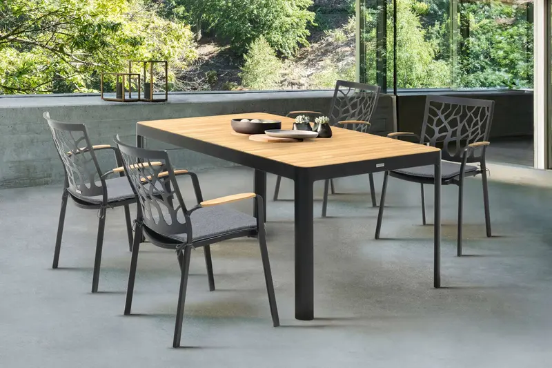 Portals Outdoor 5 piece Dining Table Set in Black Finish and Natural Teak Wood Accent Top By Armen Living