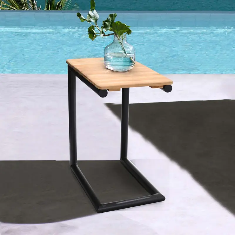 Portals Outdoor C-Shape Side Table in Black Finish and Natural Teak Wood Top By Armen Living