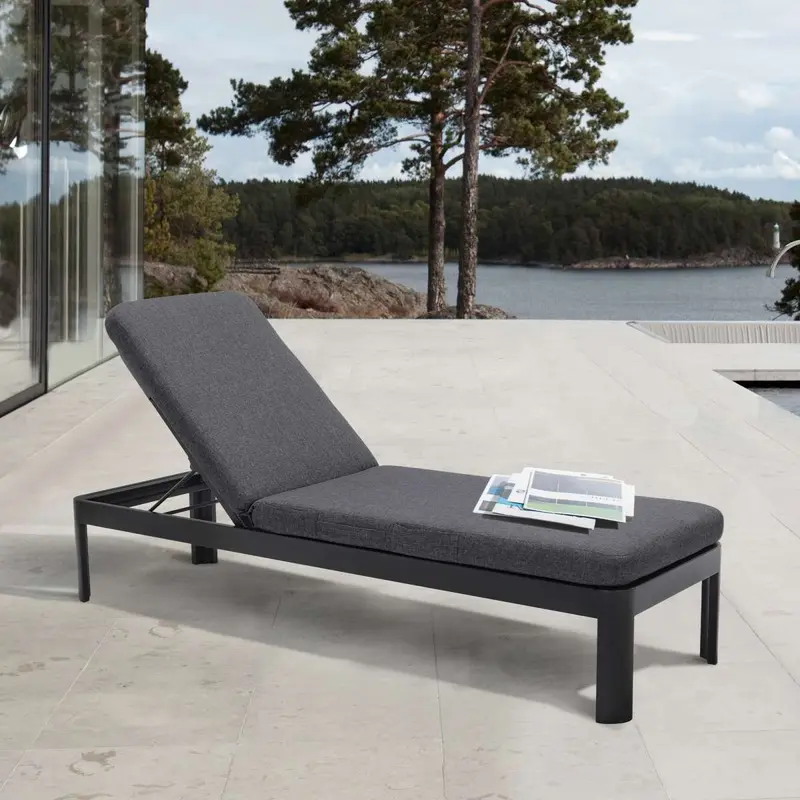 Portals Outdoor Chaise Lounge Chair in Black Finish and Grey Cushions By Armen Living
