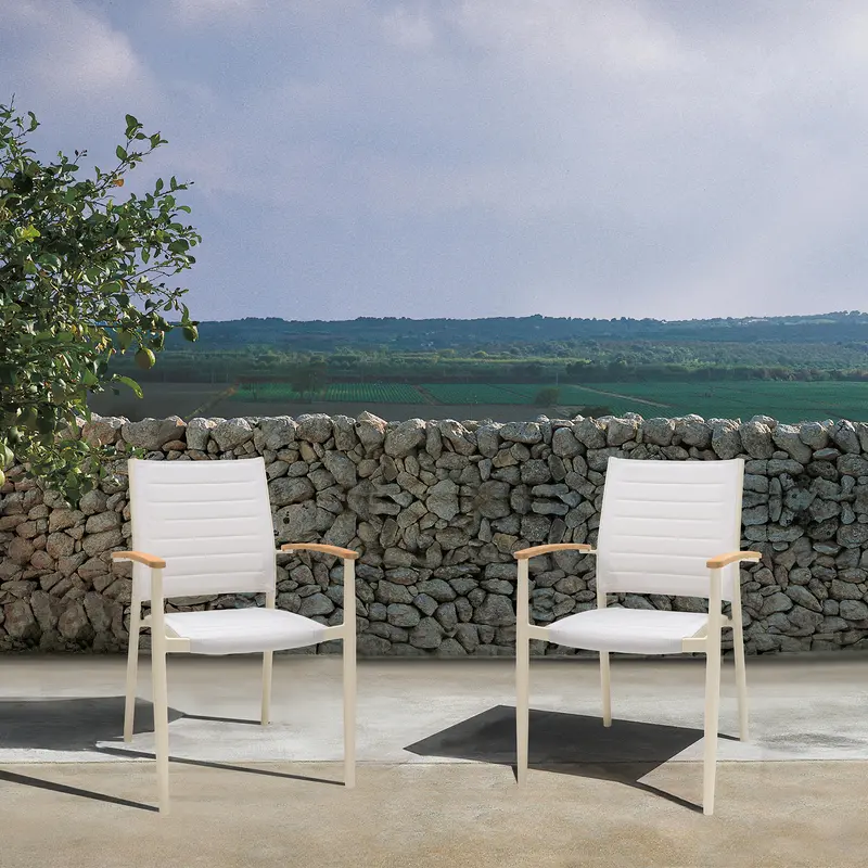 Portals Outdoor Coral Sand Aluminum Stacking Dining Chair with Teak Arms - Set of 2 By Armen Living