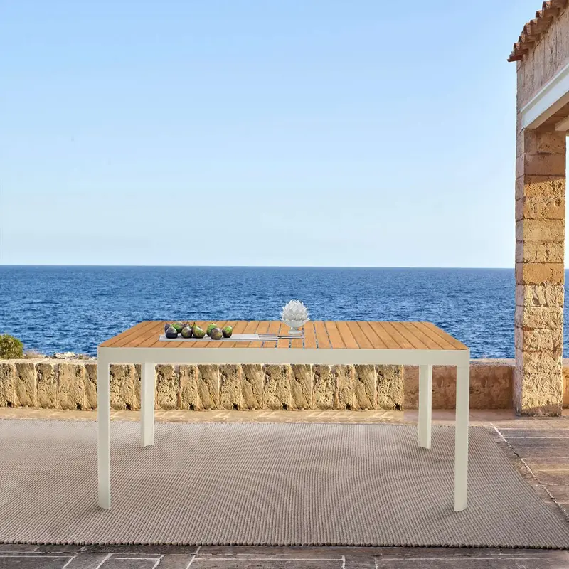 Portals Outdoor Rectangular Coral Sand Aluminum & Teak Wood Dining Table By Armen Living