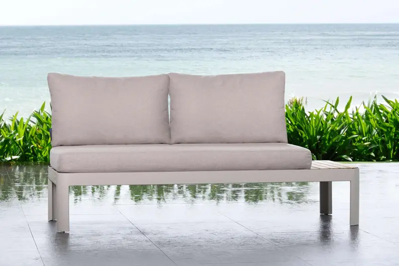Portals Outdoor Sofa in Light Matte Sand Finish with Natural Teak Wood and Beige Cushions By Armen Living
