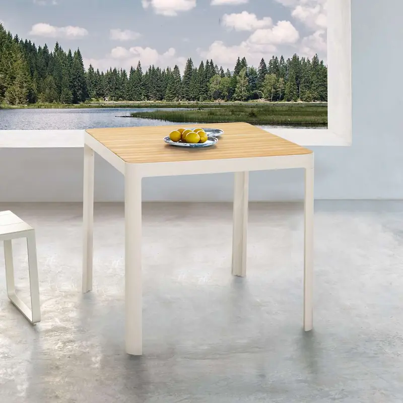Portals Outdoor Square Bar Table In Light Matte Sand with Natural Teak Wood Top By Armen Living