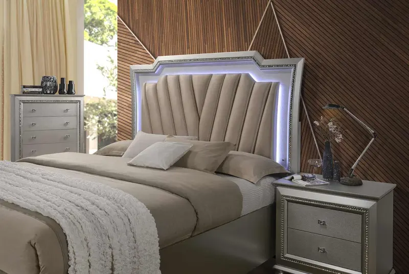 Pu Champagne Wood Upholstered Hb Led Eastern King Bed By Homeroots