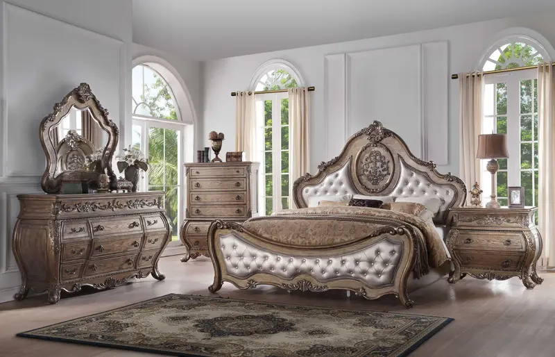 Pu Vintage Oak Wood Upholstery Queen Bed By Homeroots