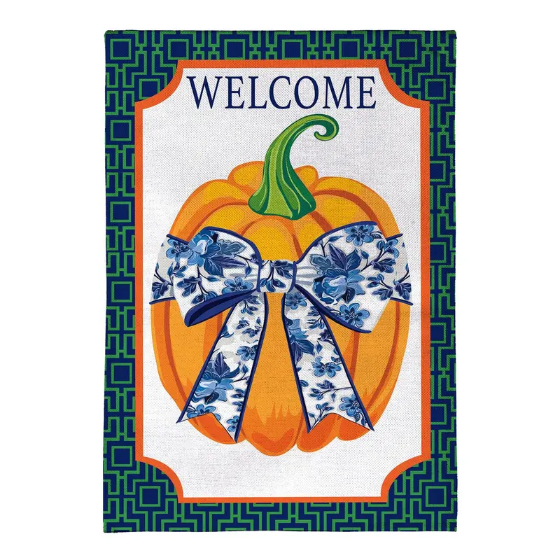 Pumpkin With Chinoiserie Bow Burlap Flag House