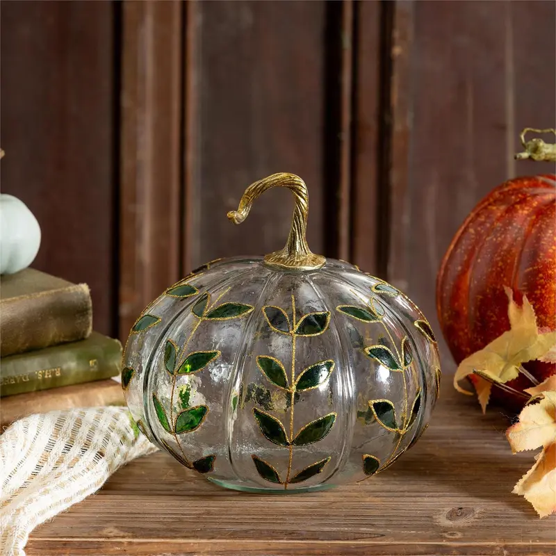 Pumpkin with Leaves Glass Table Décor, 7.25"H