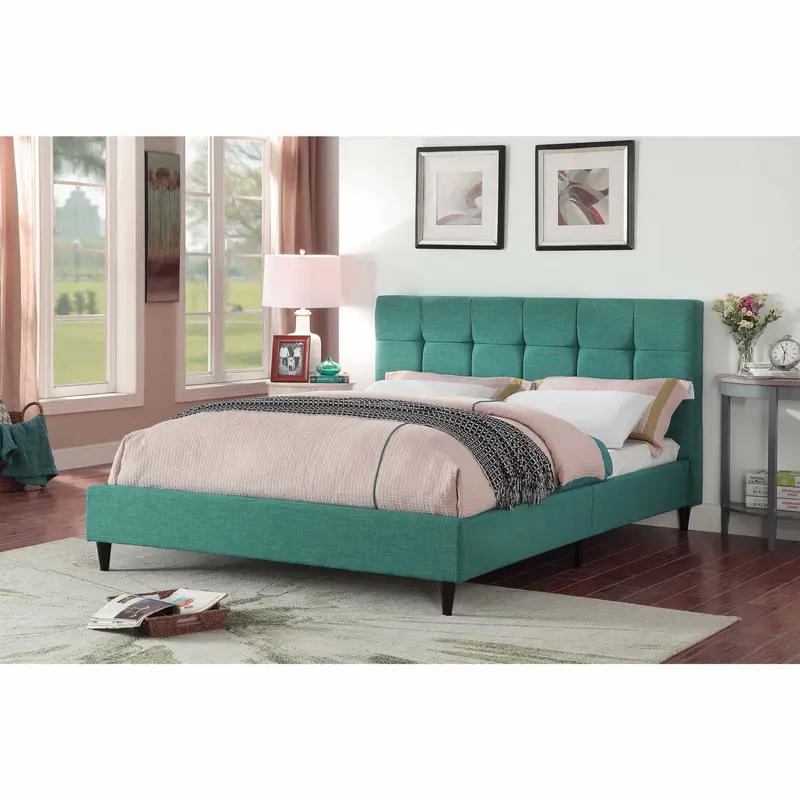 Queen Blue Modern Upholstered Square Stitched Platform Bed By Homeroots