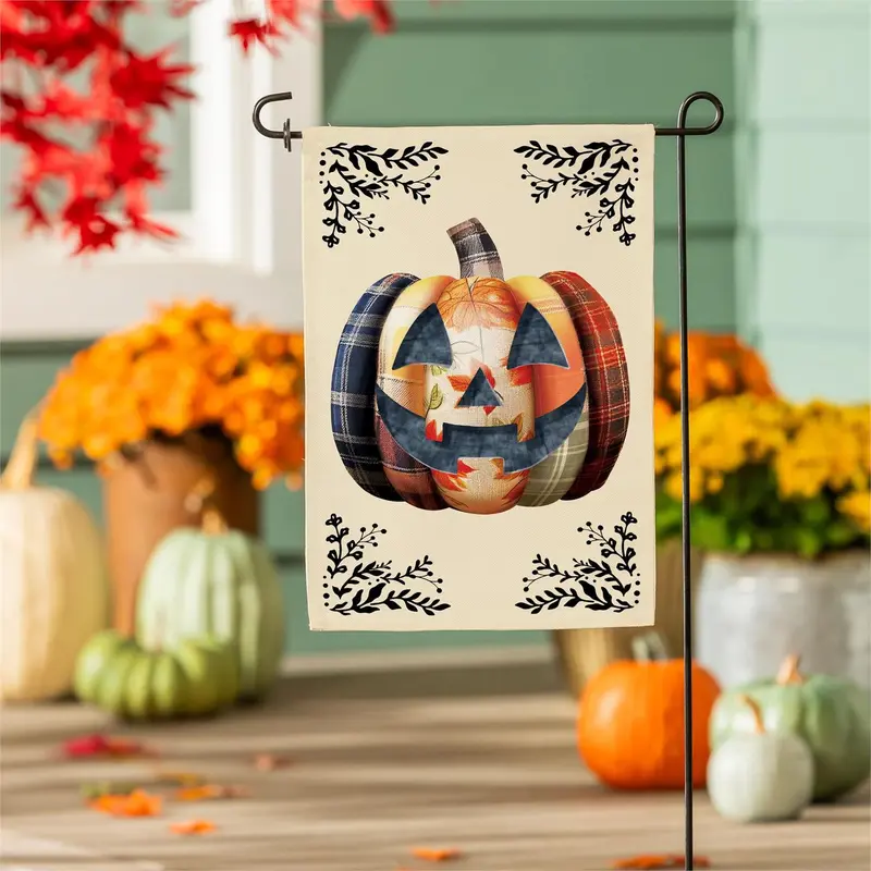 Quilted Patterned Pumpkin Burlap Flag Garden