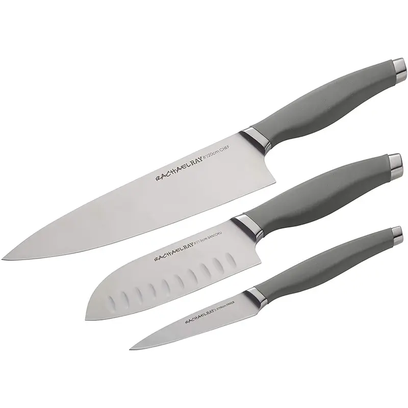 Rachael Ray Cutlery Japanese Stainless Steel Knives Set with Sheaths, 8-Inch Chef Knife, 5-Inch Santoku Knife, and 3.5-Inch Paring Knife, Gray