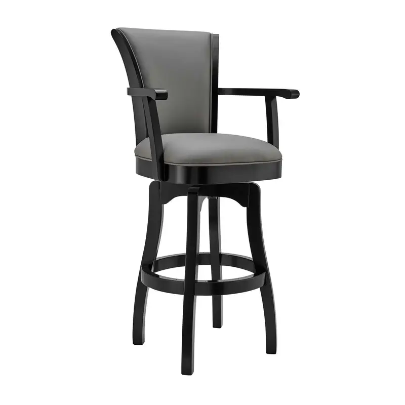 Raleigh 30" Bar Height Swivel Grey Faux Leather and Black Wood Arm Bar Stool By Armen Living