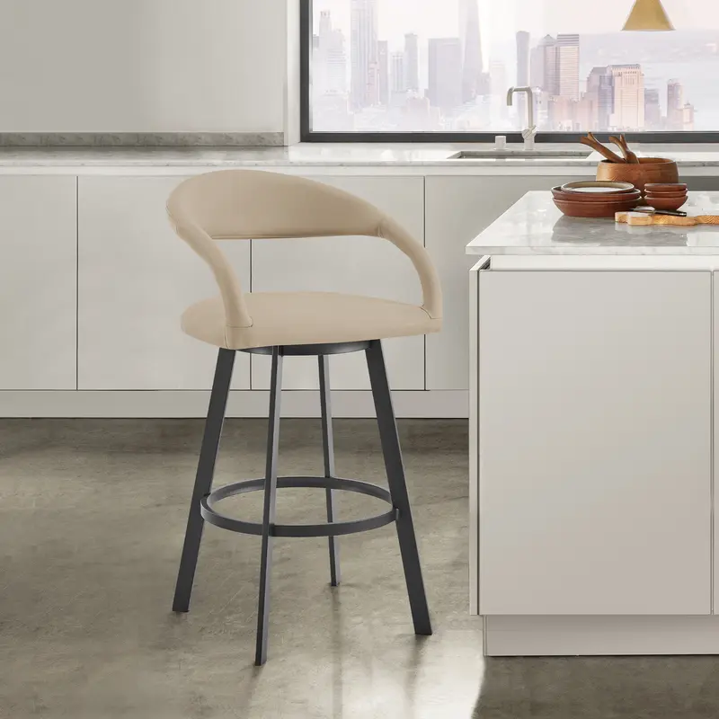Ramona 30" Swivel Bar Stool with Matte Black Iron and Beige Faux Leather By Armen Living