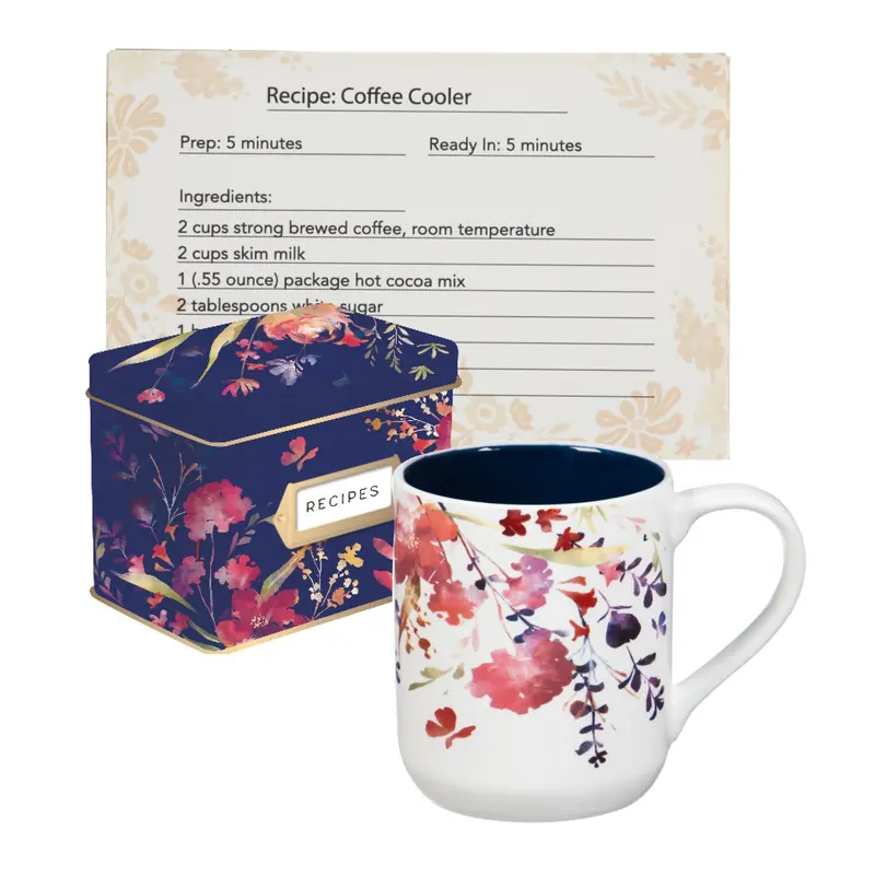 Recipe Tin with Recipe Cards and Ceramic Cups, Watercolor Boho,p18616350