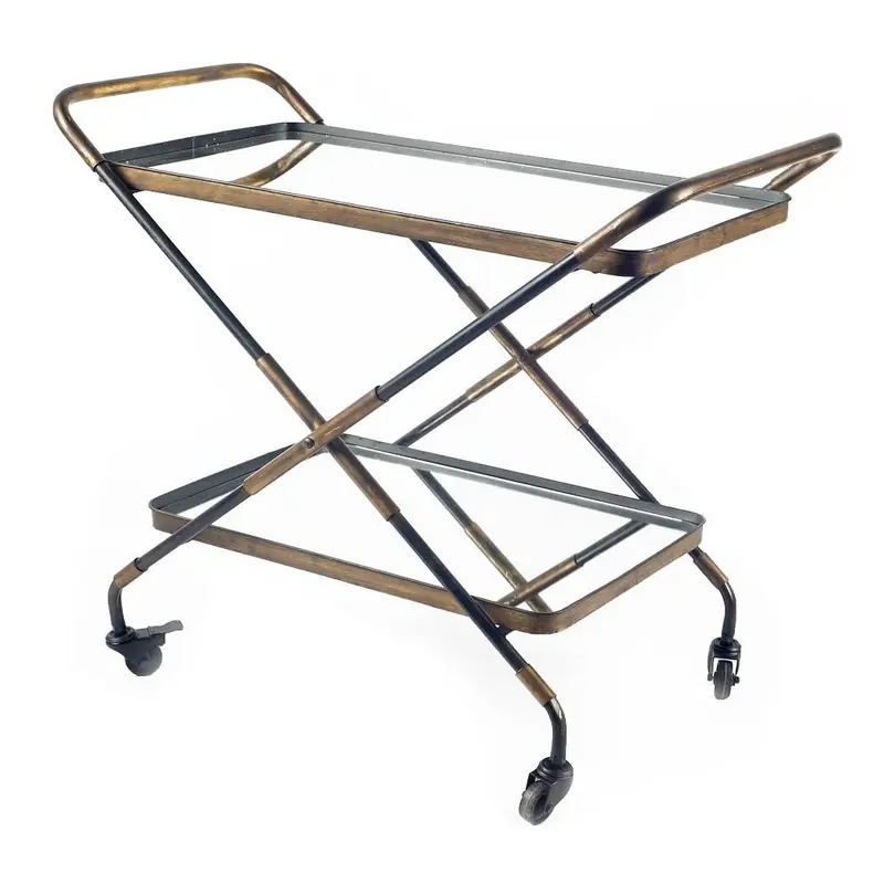 Rectangular Black And Gold Metal With Mirror Glass Shelves Bar Cart By Homeroots