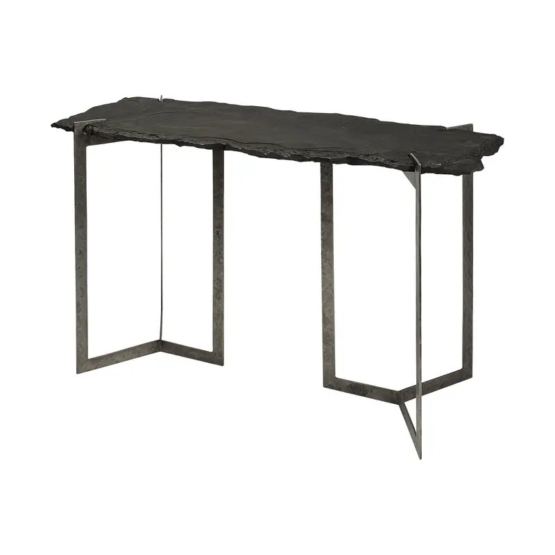 Rectangular Black Live Edge Slate Console Table With Double Pedestal Base By Homeroots