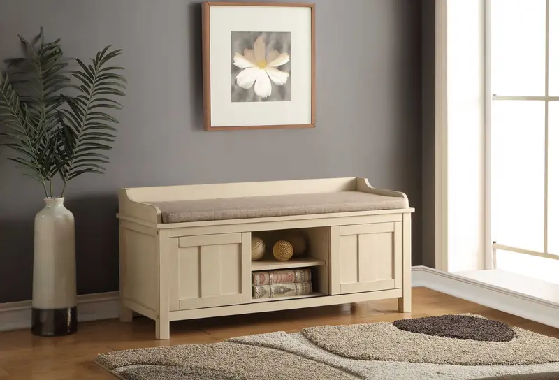 Rectangular Cream Fabric Bench with Covered Storage By Homeroots