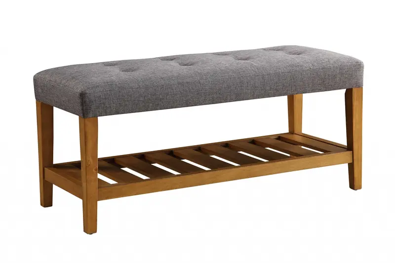 Rectangular Gray Padded Becnh with Oak Finish Legs and Shelf By Homeroots
