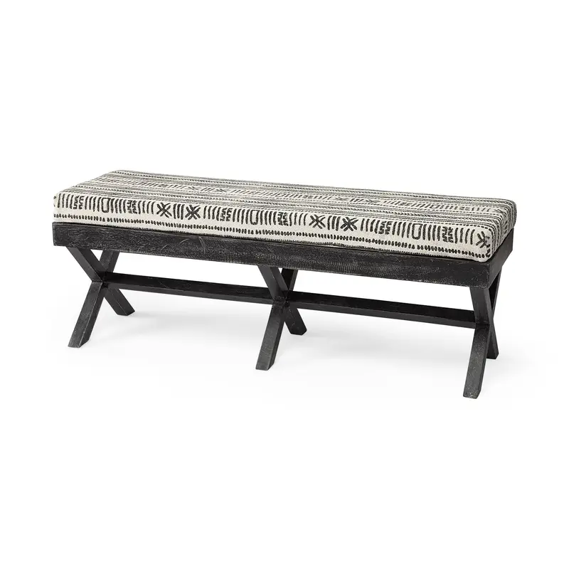Rectangular Indian Mango WoodDark-Brown Finish W Upholstered Gray And White Patterned Seat Accent Bench By Homeroots