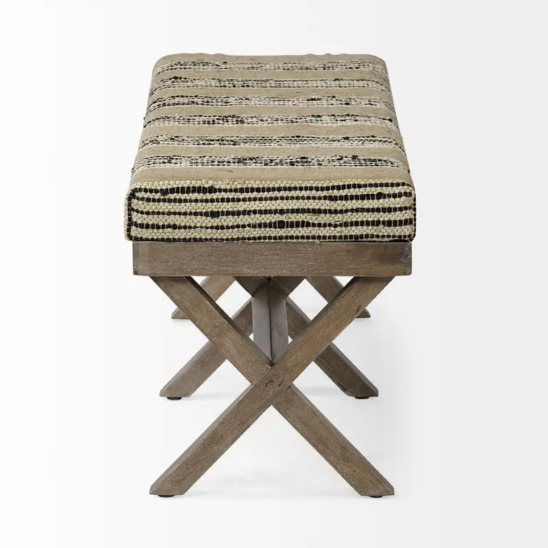 Rectangular Mango Wood Medium Brown Base W Upholstered Beige And Black Stripe Seat Accent Bench By Homeroots