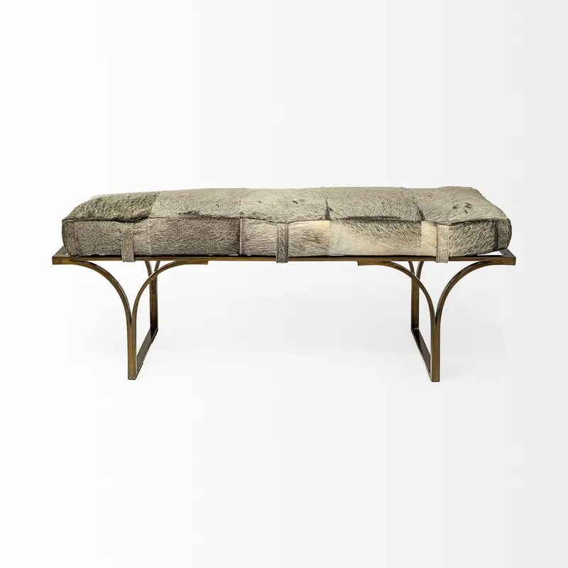 Rectangular MetalAntique Brass W Grey-Toned Hair-On-Leather Seat Accent Bench By Homeroots